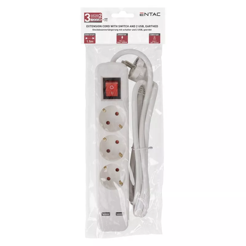 ENTAC predlžovacia zásuvka 3-násobná s USB 1,5m vypínač biela