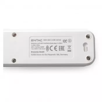 ENTAC predlžovacia zásuvka 4-násobná s 1x USB-A a 1x USB-C, 1,5m biela