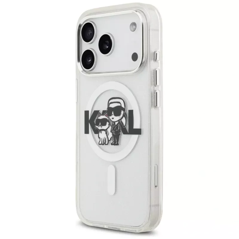 Karl Lagerfeld IML Glitter Karl & Choupette Sketch Logo MagSafe puzdro pre iPhone 17 Pro, transparentná