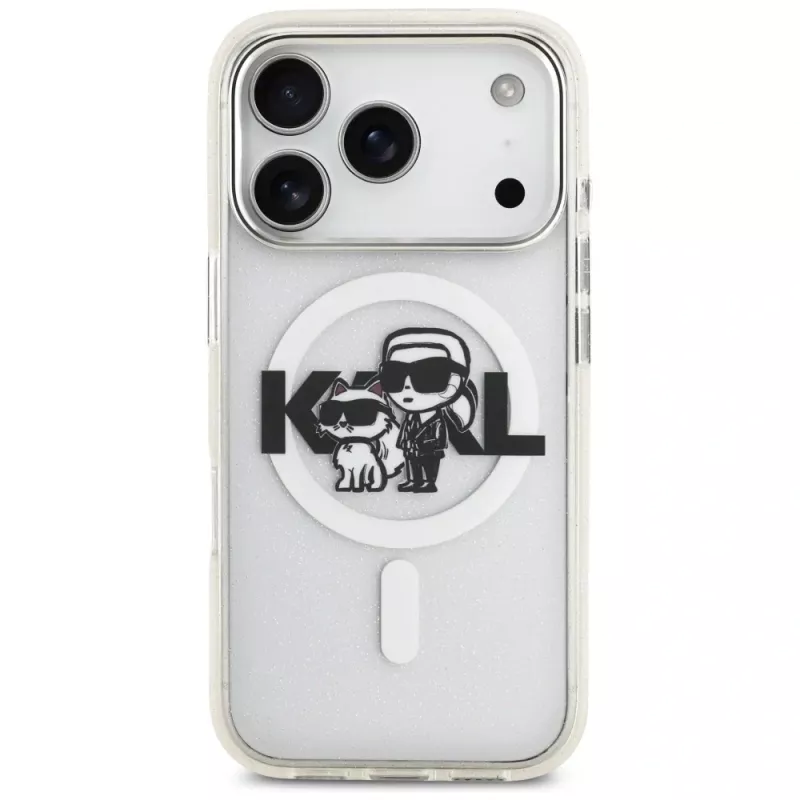 Karl Lagerfeld IML Glitter Karl & Choupette Sketch Logo MagSafe puzdro pre iPhone 17 Pro, transparentná