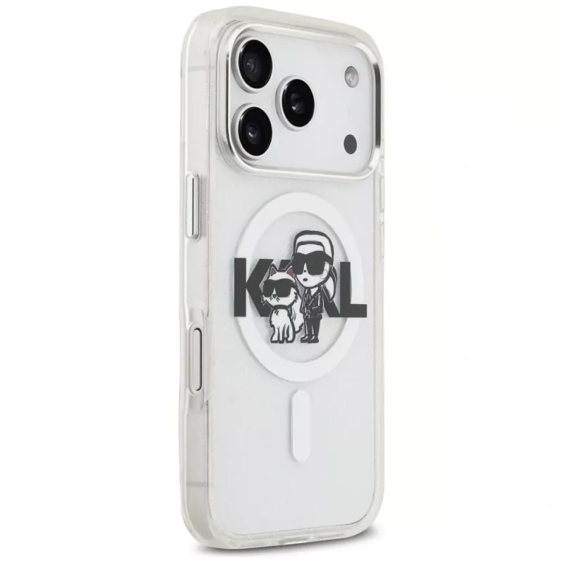 Karl Lagerfeld IML Glitter Karl & Choupette Sketch Logo MagSafe puzdro pre iPhone 17 Pro, transparentná