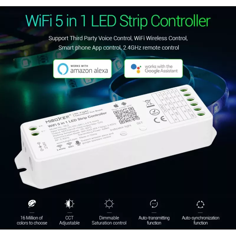 MIBOXER WL5 5in1 RGB+CCT LED kontrolér DC12-24V WiFi 2.4G Alexa
