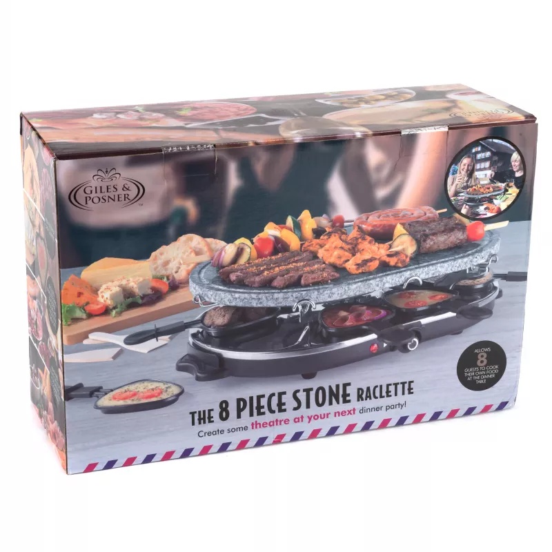 Giles & Posner EK1872GV2VDE Stolový kamenný raclette gril - 1200W, pre 8 osôb, čierna/sivá