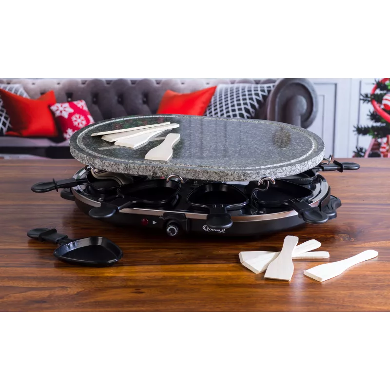 Giles & Posner EK1872GV2VDE Stolový kamenný raclette gril - 1200W, pre 8 osôb, čierna/sivá