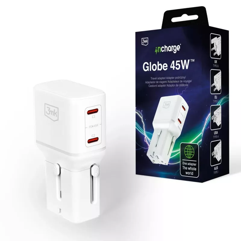 3mk incharge® Globe 45W™ 2C PD QC4+ PPS SCP AFC US/EU/AUS/UK biela