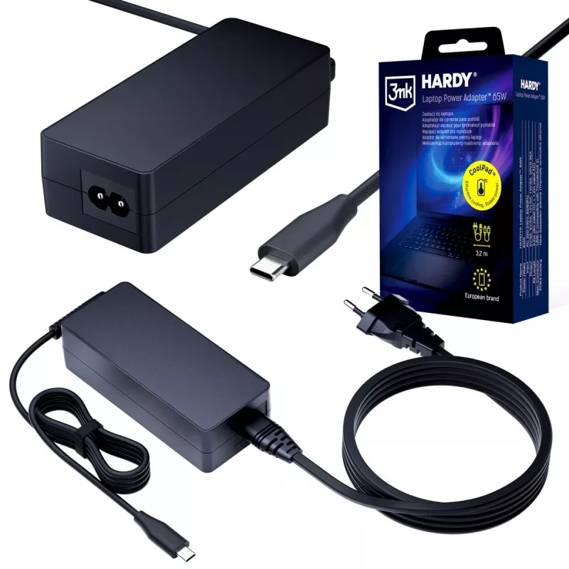 3MK HARDY napájací zdroj pre notebook 65W USB-C 3,2m čierny