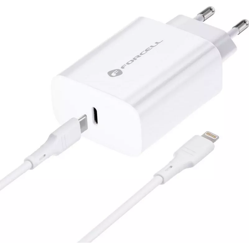 FORCELL F-ENERGY TFK-TC-20WPD USB-C napájací zdroj s káblom USB-C na Lightning, 20W PD QC4.0, 3A, biely