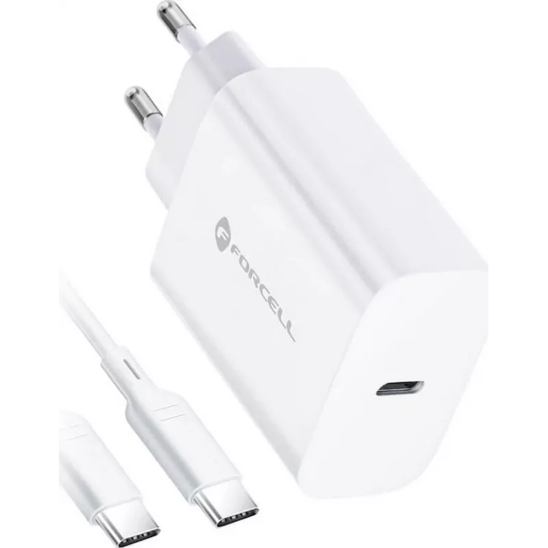 FORCELL F-ENERGY TFK-TC-25WPD USB-C nástenná nabíjačka 25W PD QC 3.0 s káblom USB-C na USB-C 3A biela