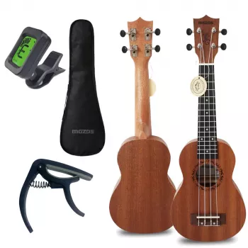 MOZOS GECKO sopránové ukulele set – prírodné drevo, 12 pražcov, nylonové struny, vrátane gigbagu, ladičky, trsátok, popruhu, náhradných strún, handričky na čistenie