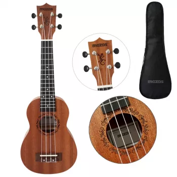 MOZOS GECKO sopránové ukulele set – prírodné drevo, 12 pražcov, nylonové struny, vrátane gigbagu, ladičky, trsátok, popruhu, náhradných strún, handričky na čistenie