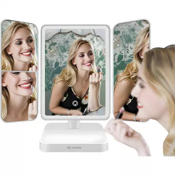 MOZOS ML10X LED make-up zrkadlo s 10-násobným zväčšením, 3 farebné režimy, plynulé stmievanie, 360° otáčanie, USB-C nabíjateľné, biele