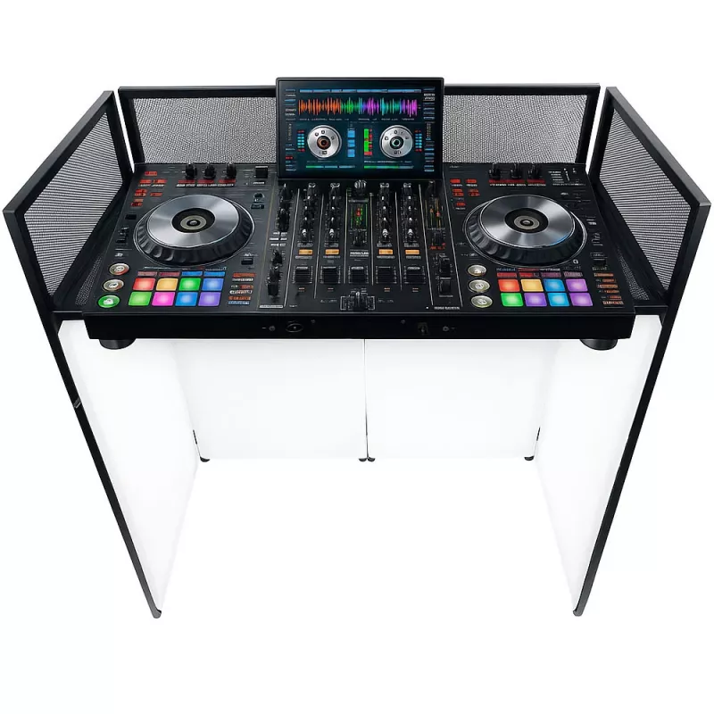 MOZOS EPDJ-100 DJ pódium s panelom a stolom - veľké plátno, biely panel, čierny rám