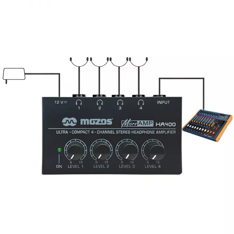MOZOS HA400 4-kanálový stereo zosilňovač pre slúchadlá