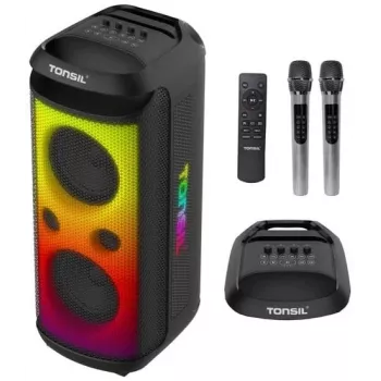 TONSIL Party Dance 1600 prenosný Bluetooth párty reproduktor s LED svetlami, karaoke, 1600W PMPO, 80W RMS, 10 palcový woofer, TWS, FM rádio, mikrofón a diaľkový ovládač