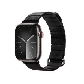 Crong Eclipse pravá koža magnetická slučka remienok pre Apple Watch 44/45/46/49 mm (čierna)