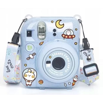 LOVEINSTANT ochranné puzdro pre Fujifilm Instax Mini 12 - Escape From Earth, modrý gliter so samolepkami a fototaštičkou