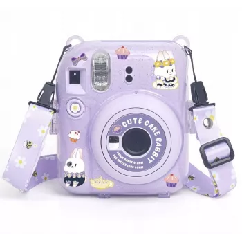 LOVEINSTANT ochranné puzdro pre Fujifilm Instax Mini 12 - dizajn Sweet Rabbit, fialový gliter, so samolepkami a fototaštičkou