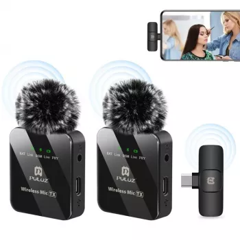 PULUZ PU648B 2x bezdrôtový lavalier mikrofón pre USB-C smartfóny, tablety, notebooky - 2,4 GHz, omnidirekcionálny, Plug and Play