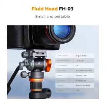 K&F Concept FH-03 fluidná videohlavica, nosnosť 5 kg, Arca-Swiss, 1/4