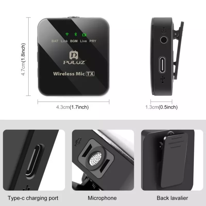 PULUZ PU3153B bezdrôtový Bluetooth mikrofón 3,5 mm TRS/TRRS pre telefón a kameru