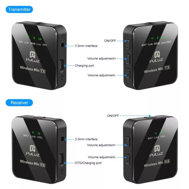 PULUZ PU3153B bezdrôtový Bluetooth mikrofón 3,5 mm TRS/TRRS pre telefón a kameru