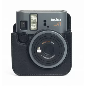 LOVEINSTANT taška na kameru pre Fujifilm Instax Mini 41 - čierne ochranné puzdro z PU kože s popruhom cez rameno