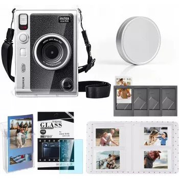 LOVEINSTANT 6-in-1 sada: priehľadné tvrdé puzdro + tvrdené sklo + fotoalbum so 64 vreckami + krytka objektívu + rámiky na fotky + ramenný popruh pre Fujifilm Instax Mini Evo