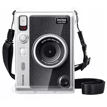 LOVEINSTANT 6-in-1 sada: priehľadné tvrdé puzdro + tvrdené sklo + fotoalbum so 64 vreckami + krytka objektívu + rámiky na fotky + ramenný popruh pre Fujifilm Instax Mini Evo
