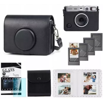 LOVEINSTANT 5-in-1 sada: puzdro + tvrdené sklo + album so 64 vreckami + puzdro na fotky + rámiky pre Fuji Instax Mini Evo / čierna