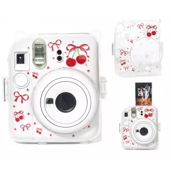 LOVEINSTANT tvrdé ochranné puzdro pre Fujifilm Instax Mini 12 - červeno-čerešňový vzor s ramenným popruhom