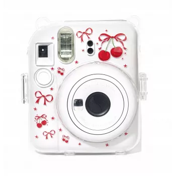 LOVEINSTANT tvrdé ochranné puzdro pre Fujifilm Instax Mini 12 - červeno-čerešňový vzor s ramenným popruhom