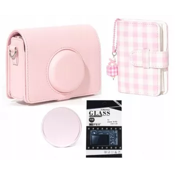 LOVEINSTANT 4-in-1 súprava puzdro fotoalbum LCD ochranná fólia krytka objektívu pre Fujifilm Instax Mini Evo - ružová