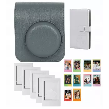 LOVEINSTANT 4-in-1 sada: ochranné puzdro, fotoalbum (96 fotiek), rámiky a samolepky pre Fujifilm Instax Mini 41 - sivá
