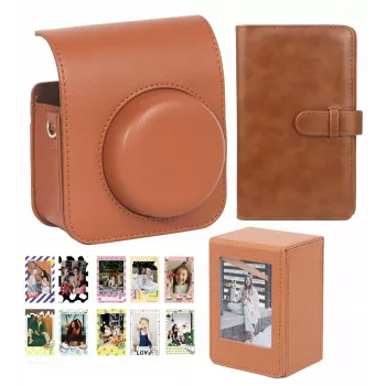 LOVEINSTANT 4-in-1 sada: taška na kameru, fotoalbum, úložná krabica, samolepky pre Fuji Instax Mini 41 - hnedá