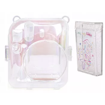 LOVEINSTANT 2-in-1 sada puzdro obal pre Fuji Instax Mini 12 úložná krabica na fotky transparentná shimmer