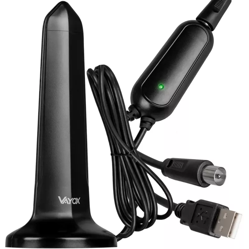 VAYOX VA0127 interiérová DVB-T/T2 anténa, čierna, 28 dBi, 3 m koaxiálny kábel, napájaná cez USB