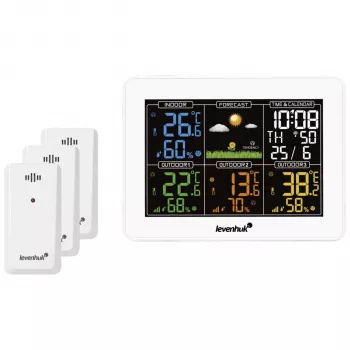 Levenhuk Wezzer PLUS LP60 meteorologická stanica s farebným LCD displejom, bezdrôtovým vonkajším senzorom, sledovaním teploty a vlhkosti, predpoveďou počasia, budíkom
