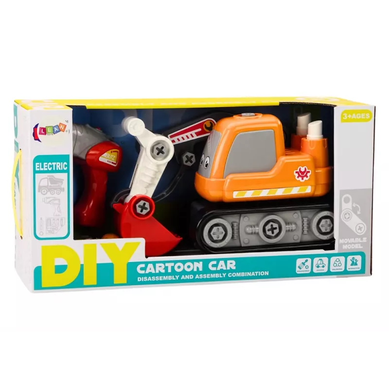LEAN TOYS Kreslený pásový bager 3D drevené puzzle sada - oranžová