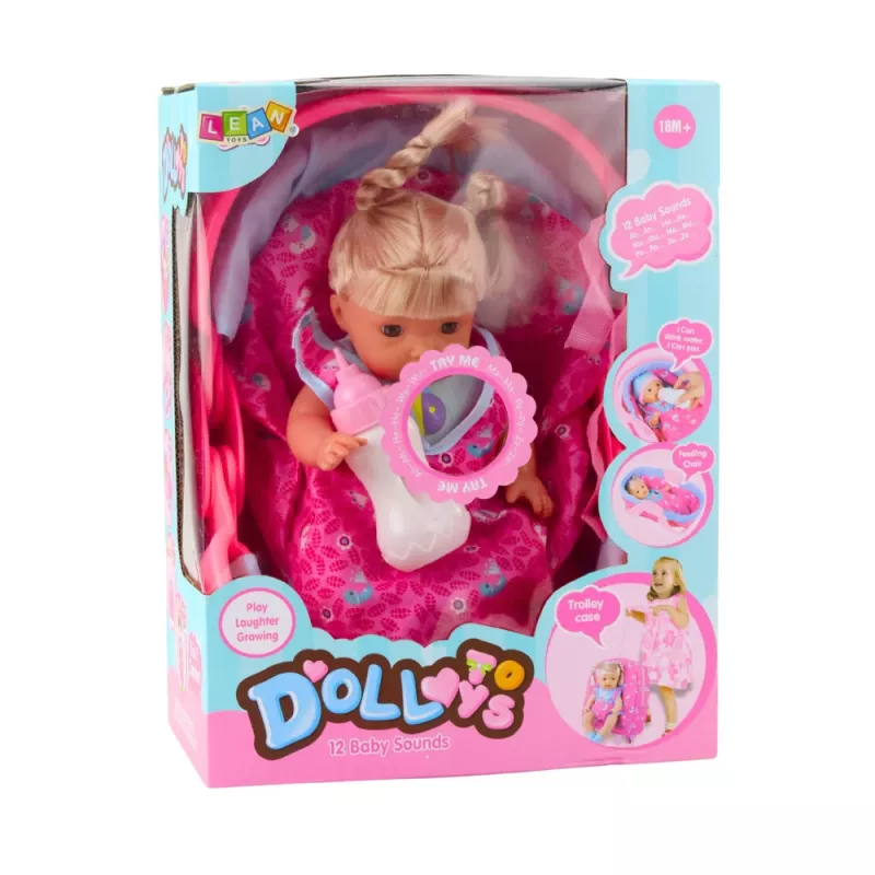 LEAN TOYS Bábika v nosiči s fľašou, cumlíkom, rozpráva, bľaboce, ciká