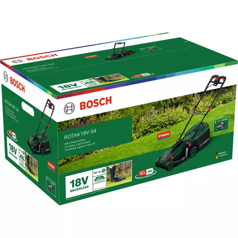 Bosch Rotak 18V-34 akumulátorová kosačka so štartovacím setom a mulčovacou zátkou (C)