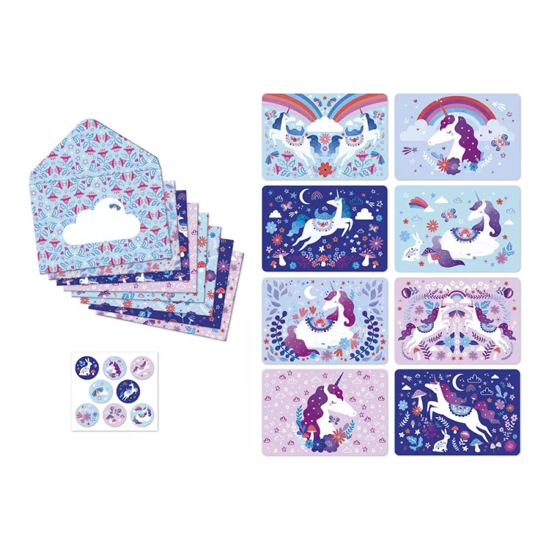 Janod Dreamland Unicorn kancelárska sada 40 dielov - pozvánky, poďakovania, obálky, samolepky, pero