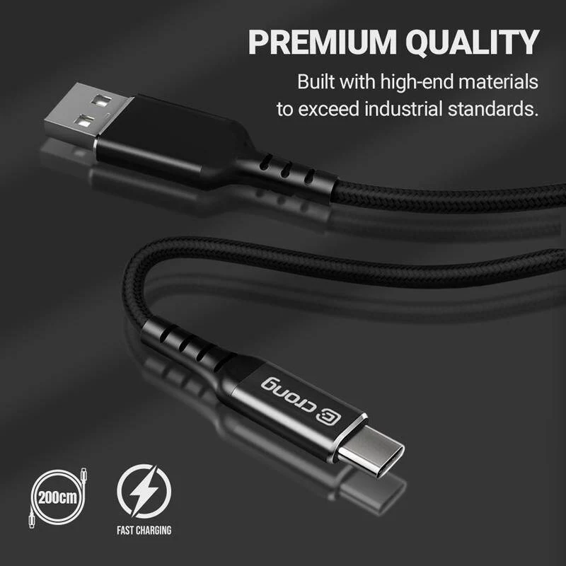 Crong Armor Link USB-C na USB-C kábel 100W PD 5A 200cm čierny