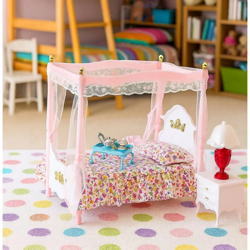 LEAN TOYS Sada nábytku pre bábiky: nebeská posteľ nočné stolíky lampy