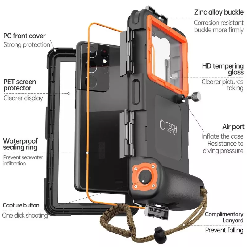 TECH-PROTECT IPX8 univerzálne vodotesné puzdro na potápanie čierna/oranžová