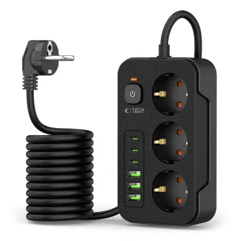 TECH-PROTECT PC3X6 predlžovacia zásuvka 3 USB & 3 Type-C & 3 zásuvky 200cm čierna