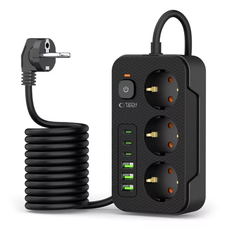 TECH-PROTECT PC3X6 predlžovacia zásuvka 3 USB & 3 Type-C & 3 zásuvky 200cm čierna