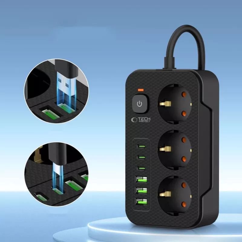TECH-PROTECT PC3X6 predlžovacia zásuvka 3 USB & 3 Type-C & 3 zásuvky 200cm čierna