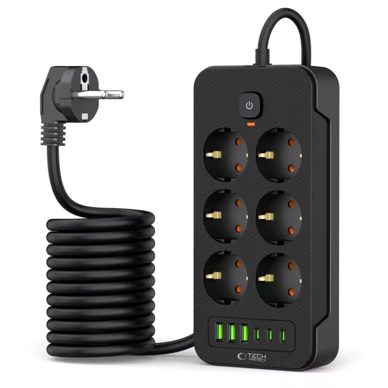 TECH-PROTECT PC6X6 predlžovacia zásuvka 3 USB & 3 Type-C & 6 zásuviek 200cm čierna