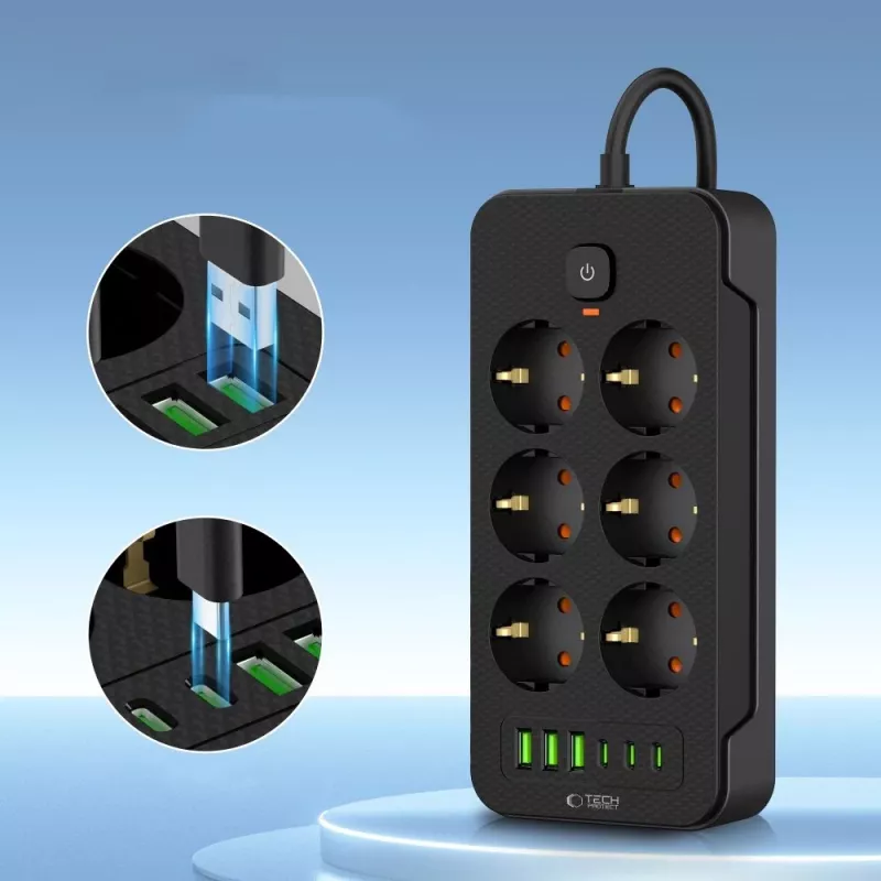 TECH-PROTECT PC6X6 predlžovacia zásuvka 3 USB & 3 Type-C & 6 zásuviek 200cm čierna