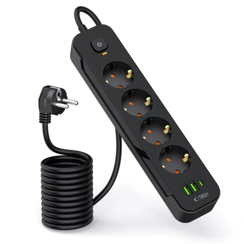 TECH-PROTECT PCL4X3 predlžovacia zásuvka dlhá 2 USB & 1 Type-C & 4 zásuvky 200cm čierna
